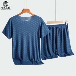 Men's Homewear Set Printed Ice Silk T-Shirt Short Sleeve Shorts Two-Piece Set Modal Casual Silky Cooling Sleepwear Men's Set
