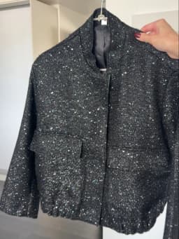 Suninheart Women's Sequined Bomber Jacket Fall O Neck Long Sleeve Pocket Stretch Hem Sequins Jacket Coat Female Chic Outerwear