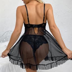 2 Pcs Lace Nightgown Women Deep V Neck Bra Panties Set Transparent Underwear Solid Slim Soft Split Nightdress Sexy Lingerie Sets