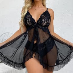 2 Pcs Lace Nightgown Women Deep V Neck Bra Panties Set Transparent Underwear Solid Slim Soft Split Nightdress Sexy Lingerie Sets