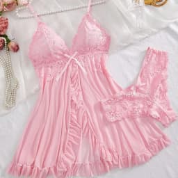 2 Pcs Lace Nightgown Women Deep V Neck Bra Panties Set Transparent Underwear Solid Slim Soft Split Nightdress Sexy Lingerie Sets