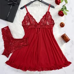 2 Pcs Lace Nightgown Women Deep V Neck Bra Panties Set Transparent Underwear Solid Slim Soft Split Nightdress Sexy Lingerie Sets