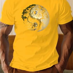 Men's Summer 100% Pure Cotton Casual Loose Sports T-Shirt Yin-Yang Tree Pattern Print Round Neck Short-Sleeved Top