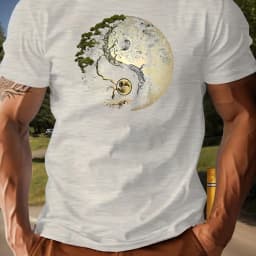 Men's Summer 100% Pure Cotton Casual Loose Sports T-Shirt Yin-Yang Tree Pattern Print Round Neck Short-Sleeved Top