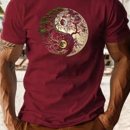 Men's Summer 100% Pure Cotton Casual Loose Sports T-Shirt Yin-Yang Tree Pattern Print Round Neck Short-Sleeved Top
