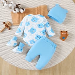 Newborn Baby Boy Set Little Bear Long Sleeved Jumpsuit+Long Pants+Hat+Socks 4Pcs/Set 0-9 Month Baby Boy Spring and Autumn Set