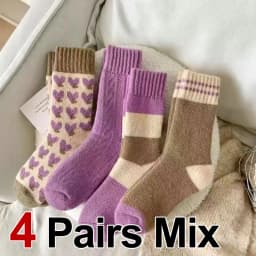 4 Pairs Women Winter Thick Mid Tube Towel Socks Fashionable Stripes Warm Plush Soft Comfortable Home Outdoor Leisure Socks