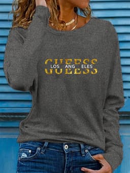 Spring and Autumn Women's 100% Cotton Fashion Casual Loose Los Angeles Letter Pattern Printed Long Sleeve Round Neck T-shirt