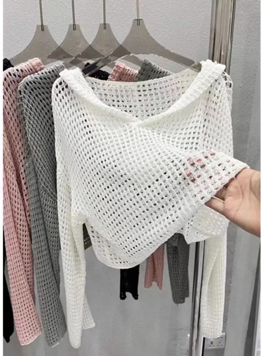 Pointelle Knit Hooded Sweater for Women Sheer Openwork Long Sleeve Boxy-fit Pullover Crop Top Teen-girl Spring Summer Y2K Outfit
