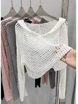 Pointelle Knit Hooded Sweater for Women Sheer Openwork Long Sleeve Boxy-fit Pullover Crop Top Teen-girl Spring Summer Y2K Outfit