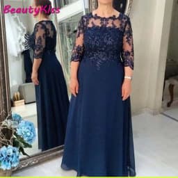 Navy Blue Mother Of The Bride Dresses Plus Size 3/4 Sleeves Appliques Beaded Chiffon Groom Mother Dresses robe de soirée femme