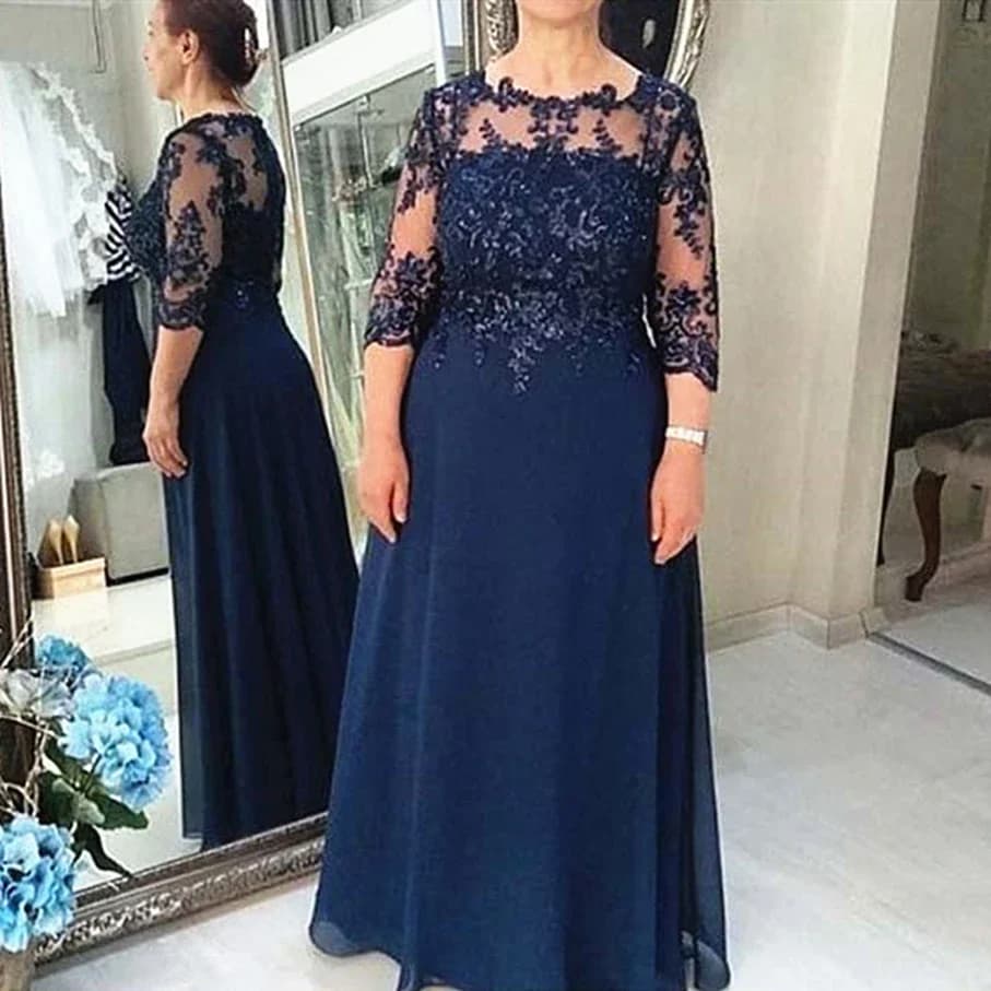 Navy Blue Mother Of The Bride Dresses Plus Size 3/4 Sleeves Appliques Beaded Chiffon Groom Mother Dresses robe de soirée femme