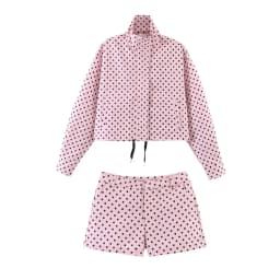 HH Female Autumn Fashion Polka Dot Printed Set Long Sleeves Turtleneck Drawstring Jacket+A-line Shorts Women's Vintage Suit