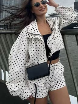 HH Female Autumn Fashion Polka Dot Printed Set Long Sleeves Turtleneck Drawstring Jacket+A-line Shorts Women's Vintage Suit
