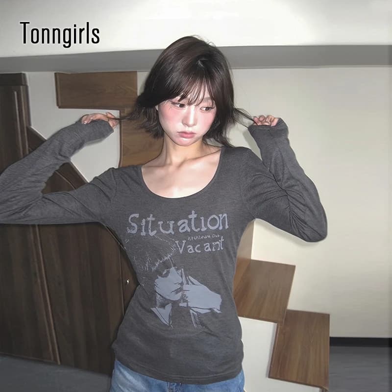 Tonngirls Y2k Vintage T-shirt Women Long Sleeve Print Graphic Tops Streetwear American Retro Grunge Tops E-girls 2000s Tshirts