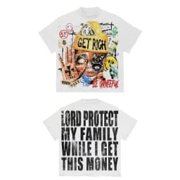 Men's Y2K pattern T-shirt "Get Rich and God Bless Your Family" slogan street style short-sleeved shirt bold money summer top