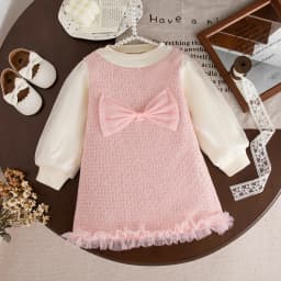 9 Months -3 Years Old Spring And Autumn New Sweet Bow Baby Girl Dress, Korean Style Children'S Long Sleeved Clothes