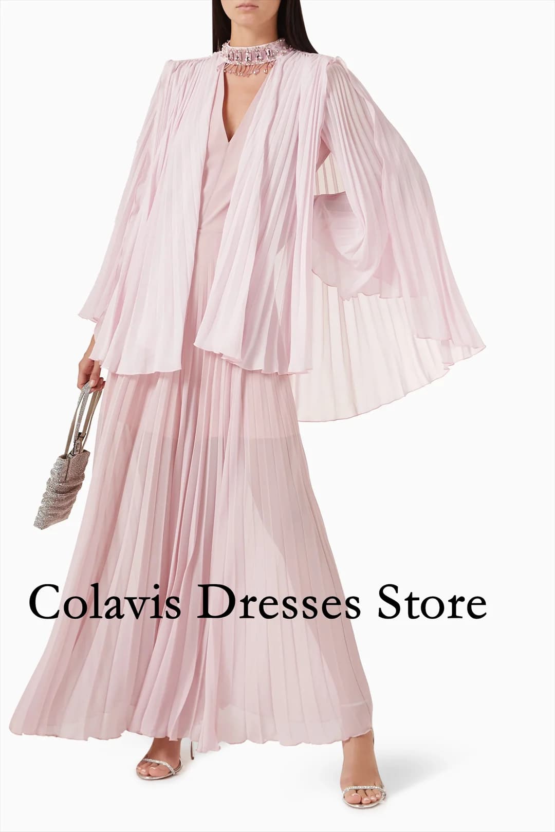 2025 Customized Beaded Neck Pleated Chiffon Cape Pink Prom Dresses Evening Dress Women Evening Gowns Formal Party Dress