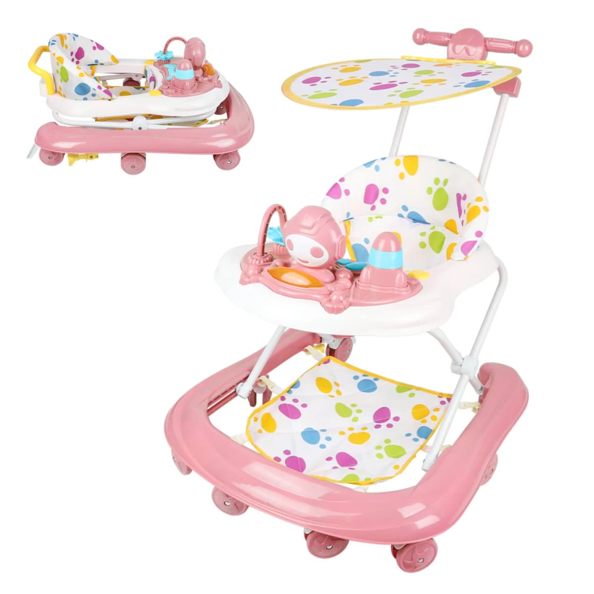 3 In 1 Baby Walker, Foldable Baby Walker With Awning, Baby Walker From 6 Months With 360° Wheels, Feeding Tray And Play Center