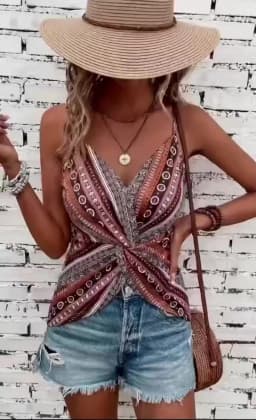 Women's sexy V-neck chain printed front twisted back camisole top, made of polyester fabric with spaghetti pattern