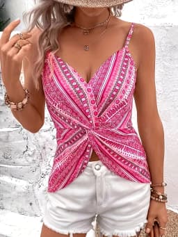 Women's sexy V-neck chain printed front twisted back camisole top, made of polyester fabric with spaghetti pattern