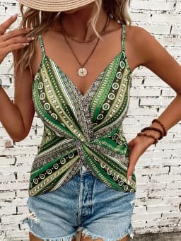 Women's sexy V-neck chain printed front twisted back camisole top, made of polyester fabric with spaghetti pattern