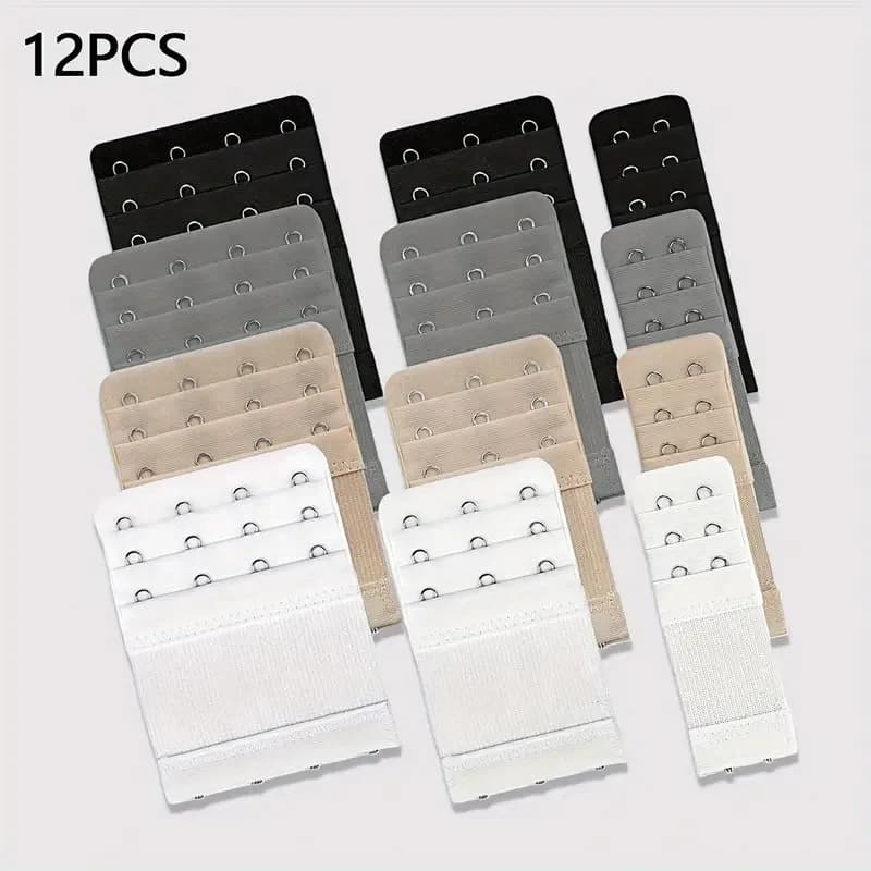 12 Adjustable Bra Extenders - 2/3/4 Hook Design, Soft Stretch Fabric, Suitable for Bras, Tanks, Swimsuits - Multicolor (Black/Gray/Beige/White) - Women's Underwear Extension Strap for Long-Lasting Support and Fit