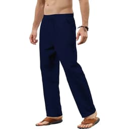Men's Cotton Linen Pants Casual Straight Leg Solid Color Trousers Breathable Drawstring Elastic Waist Male Daily Long Pants