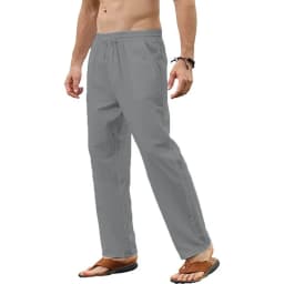Men's Cotton Linen Pants Casual Straight Leg Solid Color Trousers Breathable Drawstring Elastic Waist Male Daily Long Pants