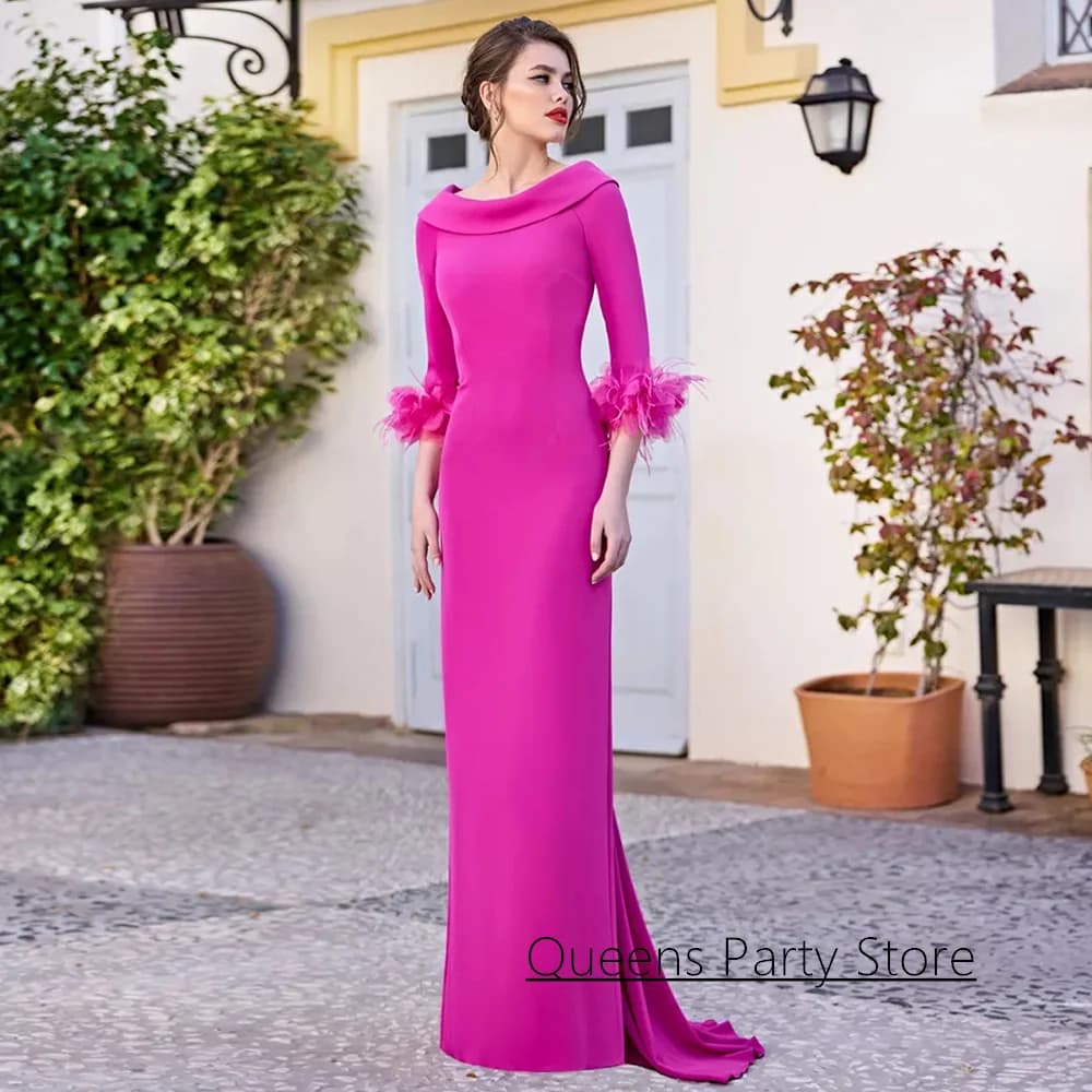 Modest Mother of The Bride Dress Customized Flower Feathers 3/4 Sleeves Scoop Neck Evening Party Gown Wedding Guest Dresses