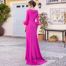Modest Mother of The Bride Dress Customized Flower Feathers 3/4 Sleeves Scoop Neck Evening Party Gown Wedding Guest Dresses