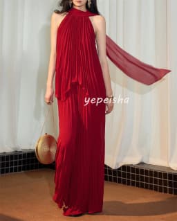 Customized Fashion Sexy Chiffon Pleat Draped A-line High Collar Long Dresses Bespoke Occasion Dresses Sizes Available Classic