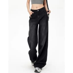 Lady Retro Black Gray High Waist Jeans Pants Women Fashion Straight Leg Denim Trousers Girls Loose Fit Thin Casual Pants