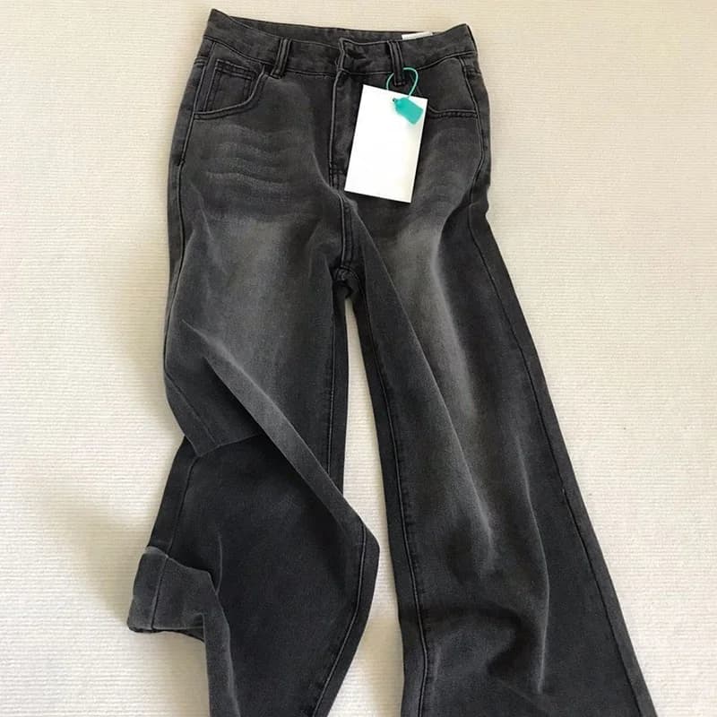 Lady Retro Black Gray High Waist Jeans Pants Women Fashion Straight Leg Denim Trousers Girls Loose Fit Thin Casual Pants