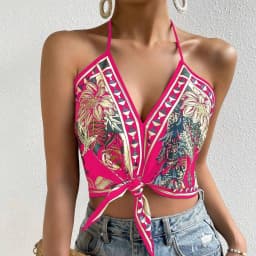 V Neck Backless Hanging Neck Suspender Women's Printed Sleeveless Top Summer Sexy Vacation T-Shirt