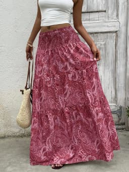 Vacation Style Stretchy Waist Long Maxi Skirt - Flowy Beach Skirt with Elastic Waistband