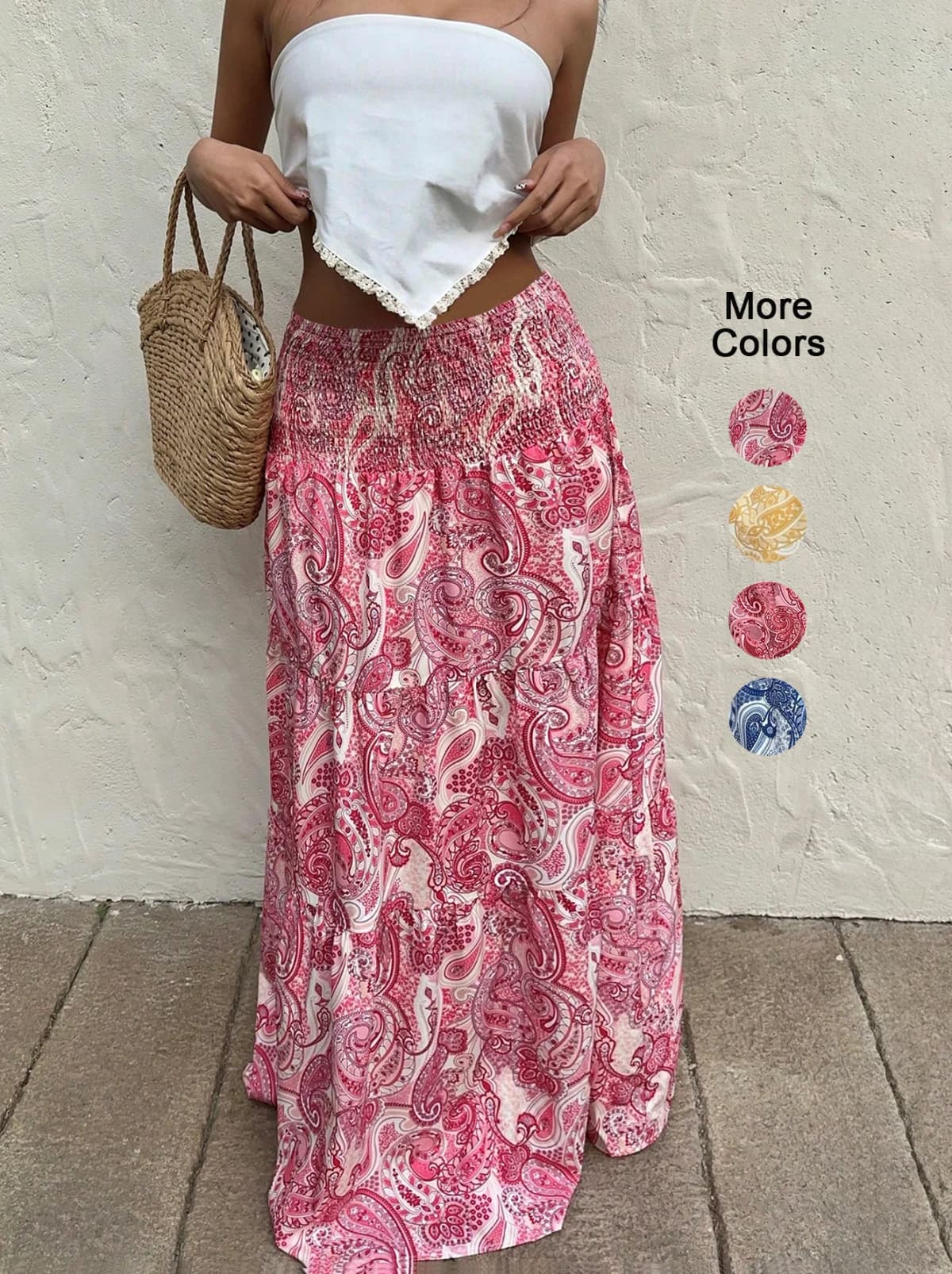 Vacation Style Stretchy Waist Long Maxi Skirt - Flowy Beach Skirt with Elastic Waistband