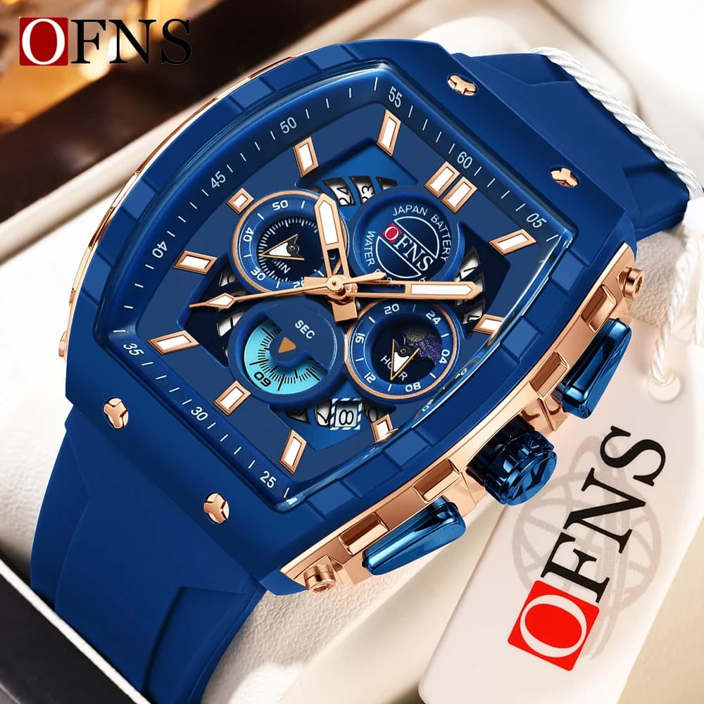 OFNS Fashion Quartz Watches for Man Luminous Waterproof Chronograph Calendar Silicone Strap Outdoor Luxury Sports Men Watch