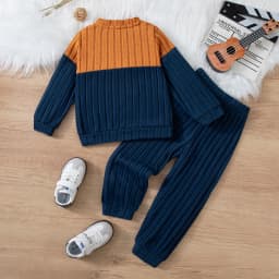 2025 Boys Autumn Winter Long Sleeve sweater suits Solid Color Block Pants Set Kids Outfit Casual Comfortable Clothing