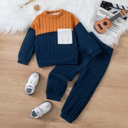 2025 Boys Autumn Winter Long Sleeve sweater suits Solid Color Block Pants Set Kids Outfit Casual Comfortable Clothing