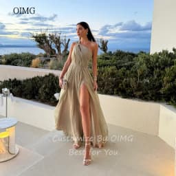 OIMG Airy khaki One Shoulder A Line Prom Gowns Backless Pleated Party Gown Side Slit Floor Length Evening Dress Customized