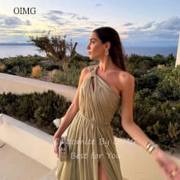 OIMG Airy khaki One Shoulder A Line Prom Gowns Backless Pleated Party Gown Side Slit Floor Length Evening Dress Customized