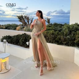 OIMG Airy khaki One Shoulder A Line Prom Gowns Backless Pleated Party Gown Side Slit Floor Length Evening Dress Customized