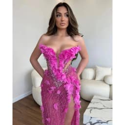 Customized Sexy Rosy Pink Prom Dresses V Neck Split Crystal Evening Dress Pearls Floral Formal Long Special Occasion Party Dress