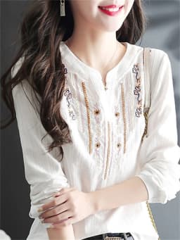 Women Spring Autumn White Blouses Tops Lady Casual Embroidery V-Neck Long Sleeve Vintage Loose Blusas Top DF4272