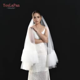 YouLaPan Two Layers Bridal Veils with Blusher Bridal Illusion Tulle Short Wedding Veil in Mesh Ruffled lace Applique Edge V183