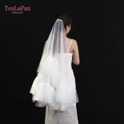 YouLaPan Two Layers Bridal Veils with Blusher Bridal Illusion Tulle Short Wedding Veil in Mesh Ruffled lace Applique Edge V183