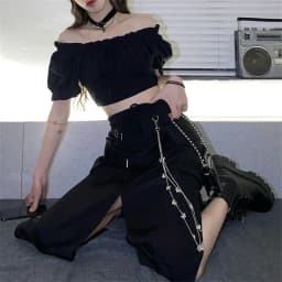 2025 New Spring Autumn Women Skirt Fashion Korean Style Black Long Skirts with Chain Side Slit Hip Hop Streetwear Plus Size