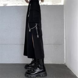 2025 New Spring Autumn Women Skirt Fashion Korean Style Black Long Skirts with Chain Side Slit Hip Hop Streetwear Plus Size