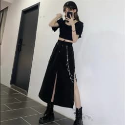 2025 New Spring Autumn Women Skirt Fashion Korean Style Black Long Skirts with Chain Side Slit Hip Hop Streetwear Plus Size